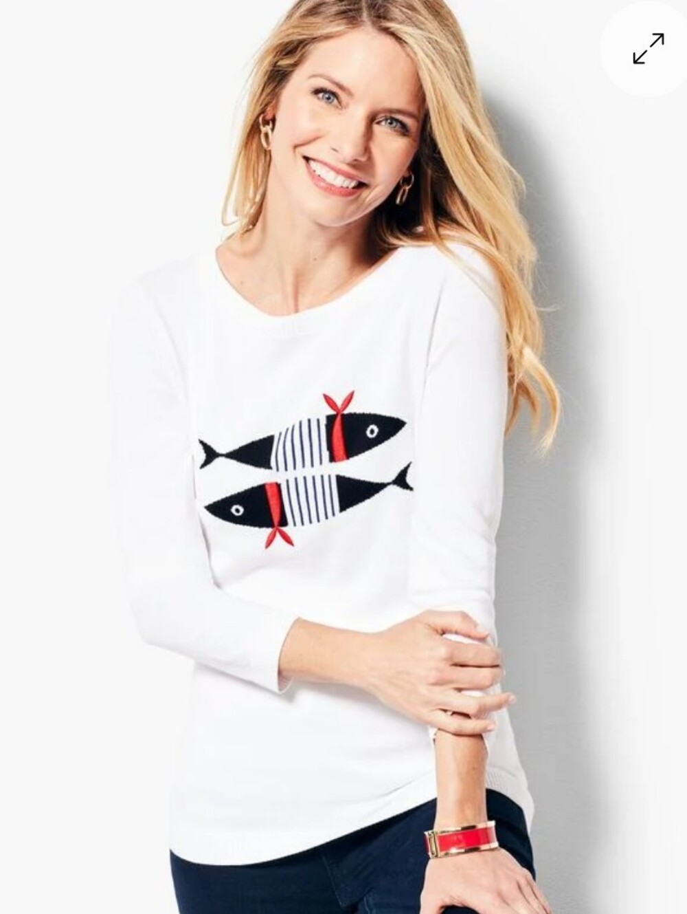 Talbots Three-Quarter Sleeve Lightweight Striped Fish Sweater